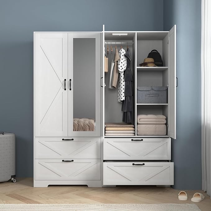 Armoire Wardrobe Closet with Mirror and 2 Drawers, 72'' Bedroom Armoire Wardrobe Cabinet with Hanging Rod and Light,Wooden Bedroom Closet with Adjustable Shelf