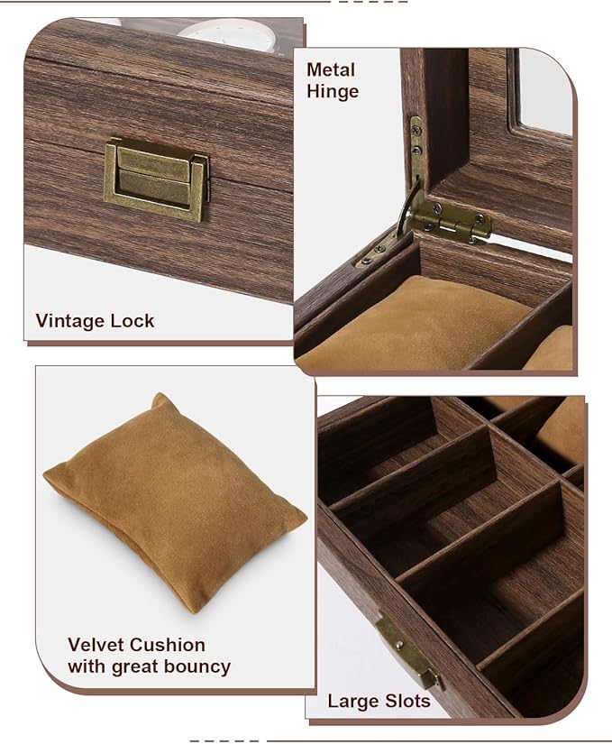 Uten Watch Box 12 Slots, Watch Case Organizer with Real Glass Lid, Wood Grain PU Leather Watch Display Storage Box with Removable Imitation Suede Watch Pillows, Metal Clasp