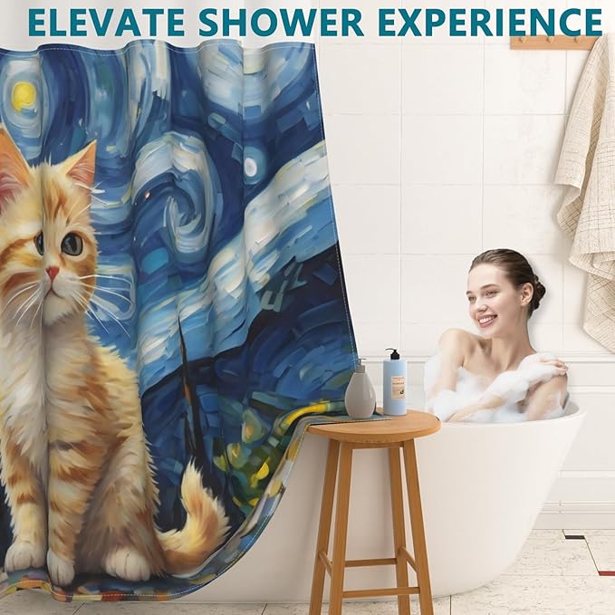 Starry Night Cat Cute Shower Curtain, No Hook Cat Shower Curtain with Weighted Snap in Liner, Waterproof Shower Curtains for Bathroom, Translucent Top Window Design, Gifts for Cat Lovers, 71x74 Inches
