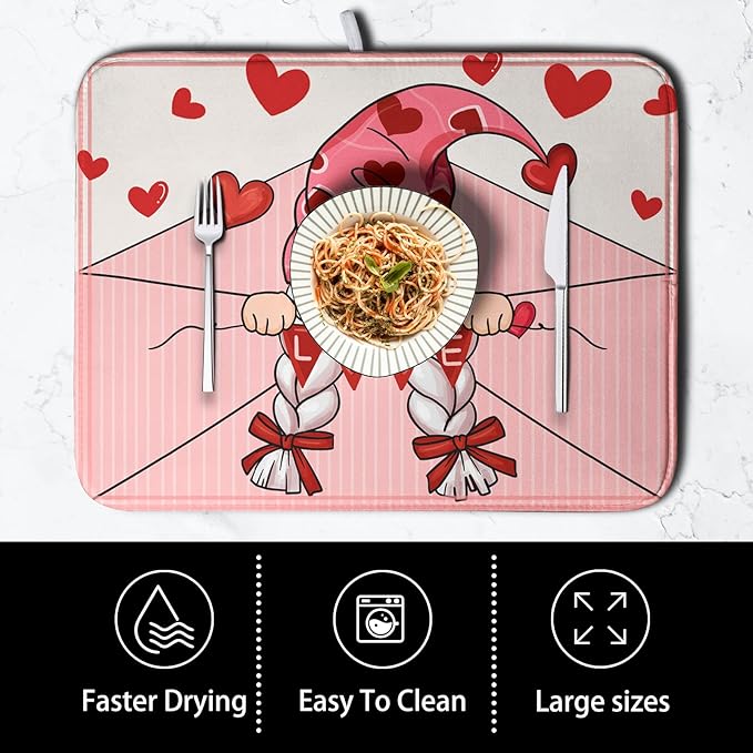 Valentine's Day Love Letter Dish Drying Mat for Kitchen Counter, Love Letter Gnome Absorbent Dish Pad Large Dish Drainer Mats for Countertop 18x24 Inch