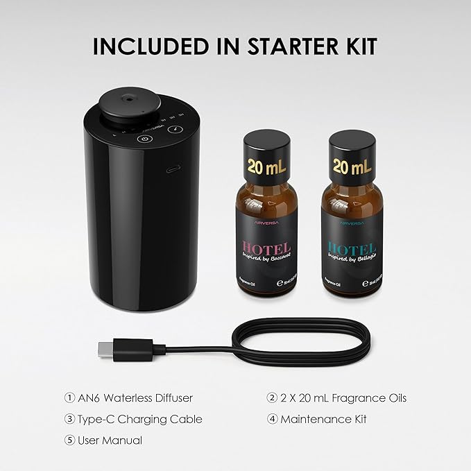 Airversa Waterless Essential Oil Diffuser Starter Kit with 2x20mL Hotel Fragrance Oils, Cordless Nebulizer for Car Home Office, Up to 600 sq ft, Mist/Timer Settings, Baterry Operated, AN6Kit-3, Black