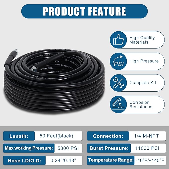 Zejoot 50FT Sewer Jetter Kit for Pressure Washer, 5800PSI Drain Cleaner Hose 1/4 Inch NPT Corner with 4 Sewer Jetting Nozzles，Waterproof Tape，Pearl Corsage Pin，Handle Strap & 2 Spanners (Black)