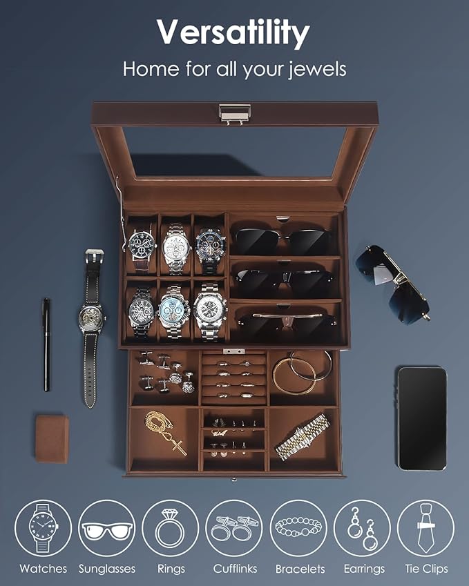 Kukikan Watch Jewelry Box Organizer, 6-Slot 2-Layer Watch Case and Sunglasses Storage with Large Glass Lid, Men's Jewelry Box with Lock, Watch Holder Display Case, Gift for Men Women