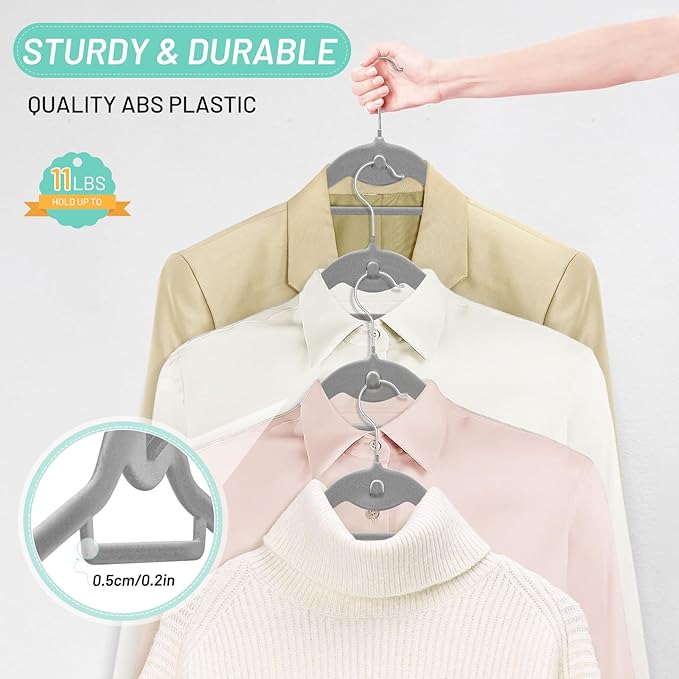 Velvet Stackable Hangers 30 Pack, STOPKLAS Grey Clothes Hangers Non Slip Felt Hanger with 360° Swivel Hook, Thin Hangers Space Saving, Heavy Duty Closet Hanger for Clothes, Coats, Suits, Dress, Pants