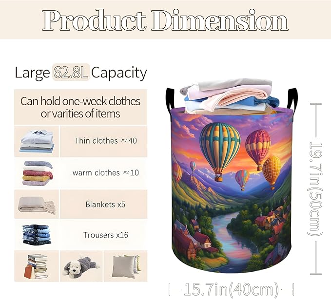Colorful Hot Air Balloon Valley Laundry Basket 19.7"x15.7", Collapsible Dirty Clothes Waterproof Laundry Hamper Organizer Toy Storage Bin for Dorm Nursery Bathroom Decor