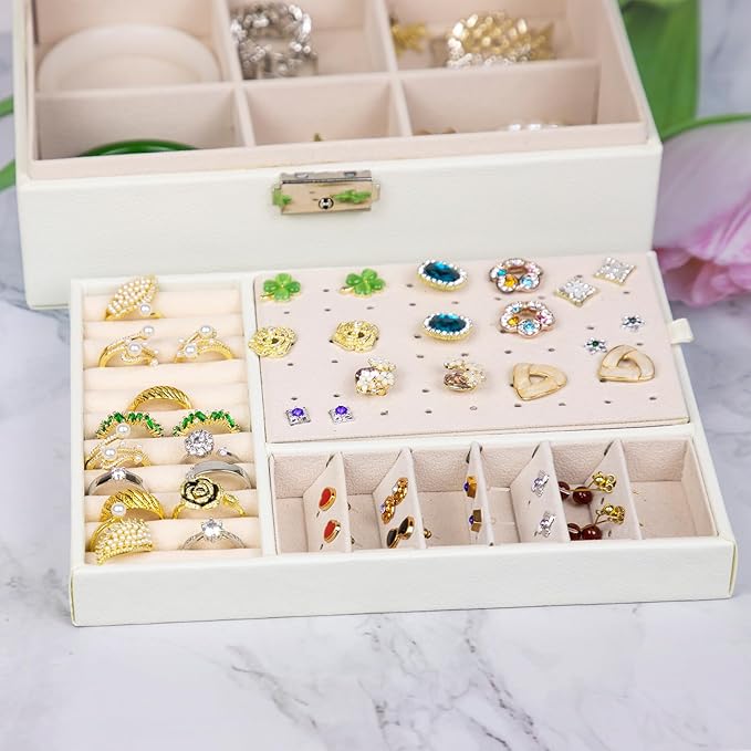 SYCARON Jewelry Box Organizer for Women, Jewelry Organizers 2 Layer Jewelry Storage Box PU Leather with Lock for Women Girls Rings Earrings Necklace Bracelets, Off White