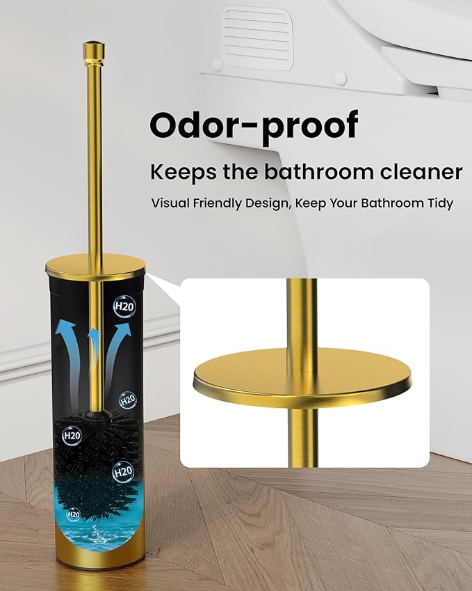 WZKALY Toilet Brush and Holder Set, Toilet Bowl Brush for Bathroom with Long Handle, Stainless Steel Toilet Cleaner Brush with Durable Scrubbing Bristles,Splash-Prooft (Brushed Gold)