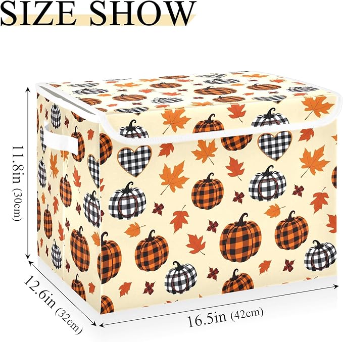 Bolaz Storage Bins with Lids and Handles,Pumpkin Maple Leaf Pattern Storage Box Basket with Cover Collapsible Organizer Containers for Home Closet, Shelves