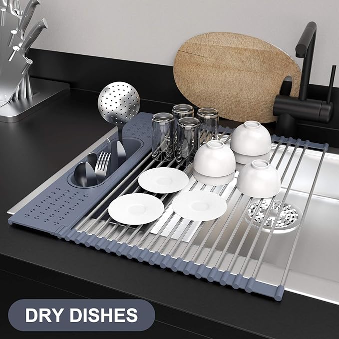LEMIKKLE Roll Up Dish Drying Rack 17 x 15 Over The Sink Dish Drying Rack, Multi-Purpose Kitchen Rolling Dish Drainer Foldable SUS 304 Stainless Steel Dish Drying Rack