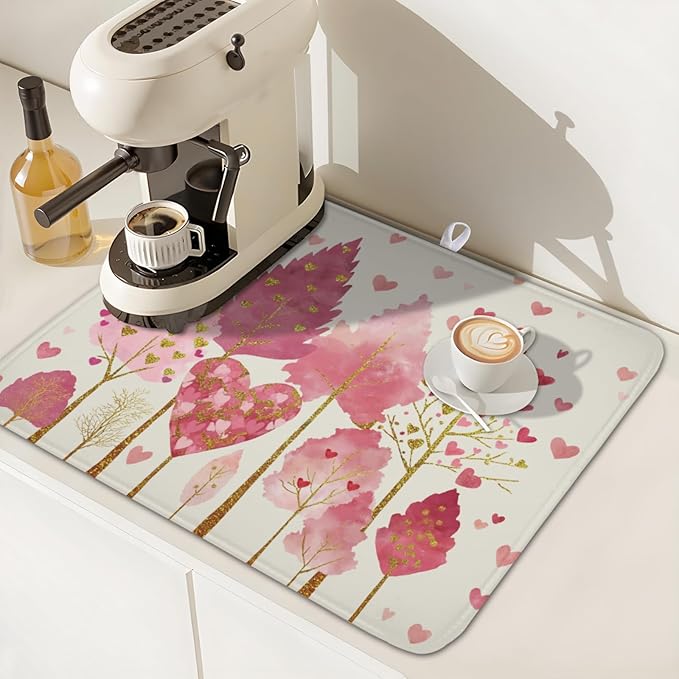 Valentines Day Pink Tree Dish Drying Mat for Kitchen Counter 18x16 Inch Heart Drying Mat with Absorbent Reversible Microfiber Love Dish Drainer Mats Rack Pad for Coffee Countertop Protector