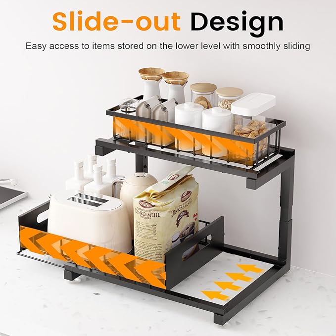 Toyear Under Sink Organizer, Heavy Duty Metal Pull Out Cabinet Organizer Slide Out Sink Shelf Organizer Height Adjustable, Multi-Purpose Storage Shelf for Kitchen Bathroom(Black,2Pack)