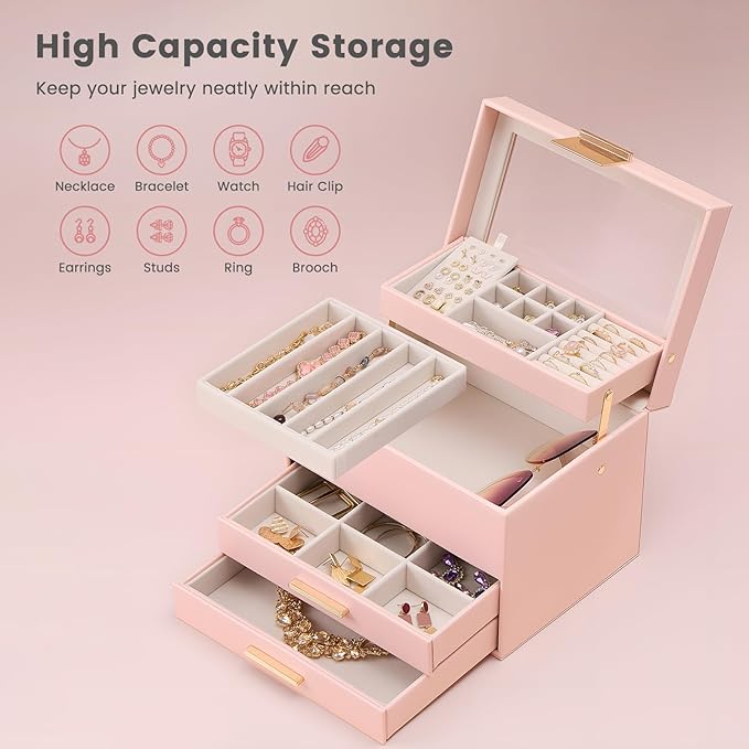 Lolalet Jewelry Box, Clear Window Jewelry Organizer with Drawer for Earrings Bracelets Necklaces Rings, Jewelry Storage for Women -Pink, 4 Layers