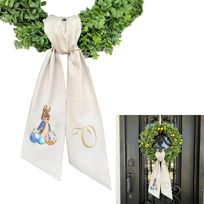 Rabbit Easter Wreath Bow Custom Embroidered Monogram Spring Bunny Wreath Sash for Front Door Hand Tailored Easter Decorations Spring Bows for Wreaths (V)