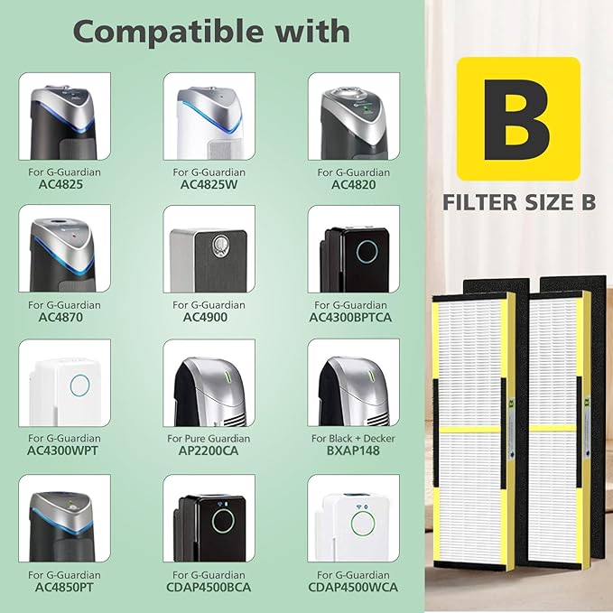 4 Pack HEPA only, FLT4825 HEPA Filter B Replacement, Compatible with Guardian Air Purifier AC4825 AC4300 AC4800 AC4900 AC4850