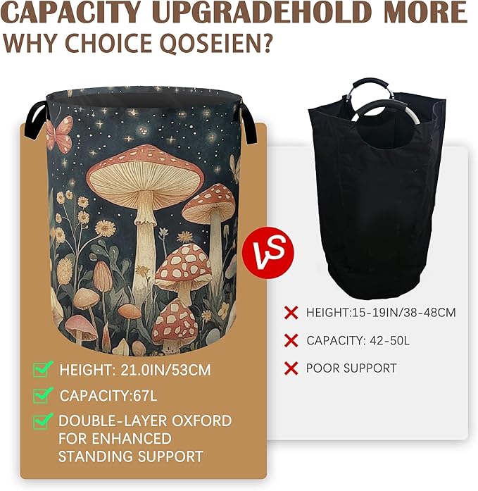 Fantasy Mushroom Laundry Basket,Butterfly Stars Collapsible Laundry Baskets with Handles,Waterproof Oxford Cloth Storage Basket 16"x20" for Bathroom/Bedroom/Dormitories