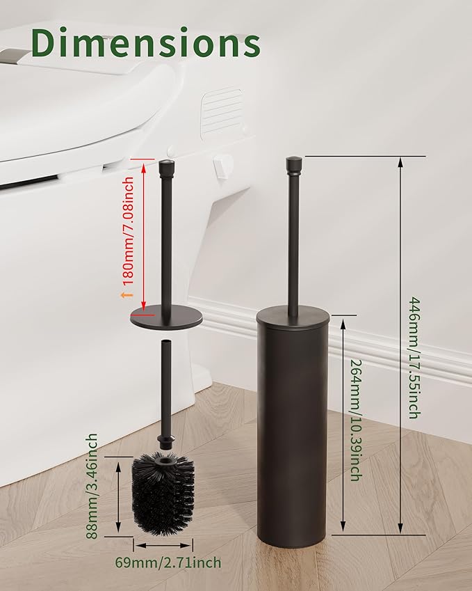 WZKALY Toilet Brush and Holder Set, Toilet Bowl Brush for Bathroom with Long Handle, Stainless Steel Toilet Cleaner Brush with Durable Scrubbing Bristles,Splash-Proof (Matte Black)