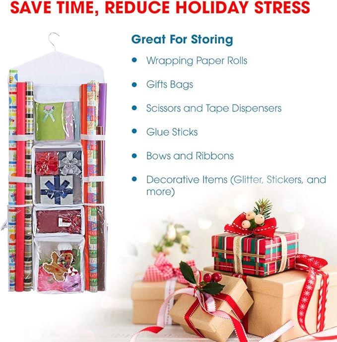 ProPik Hanging Double Sided Wrapping Paper Storage Organizer With Multiple Front And Back Pockets Organize Your Gift Wrap & Gift Bags Bows Ribbons 40”X17" Fits 40 Inch Rolls (White)