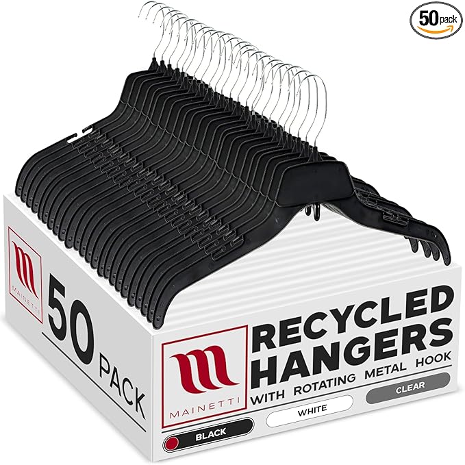 Mainetti 484 Recycled Black Plastic Hangers - 50 Pack with Rotating Metal Hook and Notches for Straps, Great for Shirts/Tops/Dresses, 17-Inch