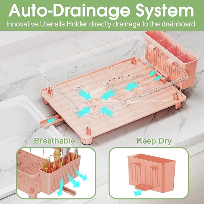 Hiviweer Pink Dish Drying Rack - Space-Saving Dish Rack,Dish Racks for Kitchen Counter with Drainboard, Birthday Christmas Day Mothers Day Thanksgiving Gifts for Mom Grandma Wife Kitchen Enthusiasts