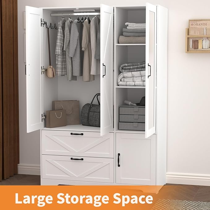 Armoire Wardrobe Closet with Mirror and 2 Drawers, 72''H Bedroom Armoire Wardrobe Cabinet with Hanging Rod and Light,Wooden Bedroom Closet with 3 Door