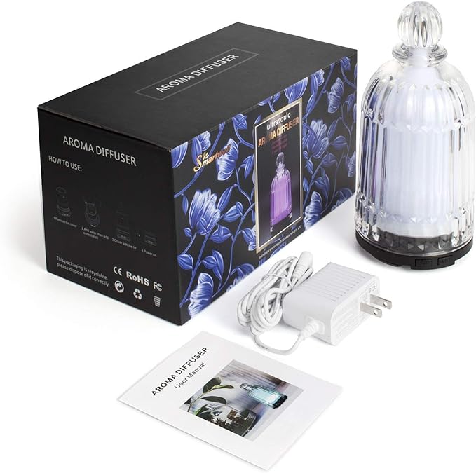 120ml Glass Essential Oil Diffuser, Ultrasonic Aroma Diffuser Glass Cover & Plastic Reservoir with Auto Shut-Off 7 Colors LED Lights for Home Office Bedroom(Bronze Base)