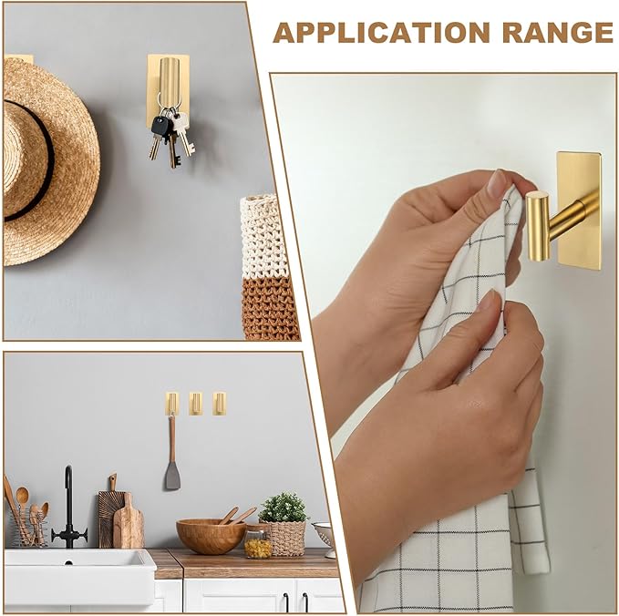 2 Pack Towel Hooks for Bathroom, Wall Hooks Self-Adhesive No-Drill Door Hanger Apply to Shower/Kitchen/Bedroom/Hanging Coat/Towel/Robe (Gold)