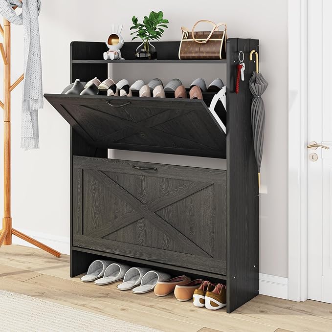 Shoe Cabinet with 2 Flip Drawers & Adjustable Shelf,Wood Shoe Organizer,Freestanding Hidden Shoe Storage Cabinet for Entryway,Hallway (Black)