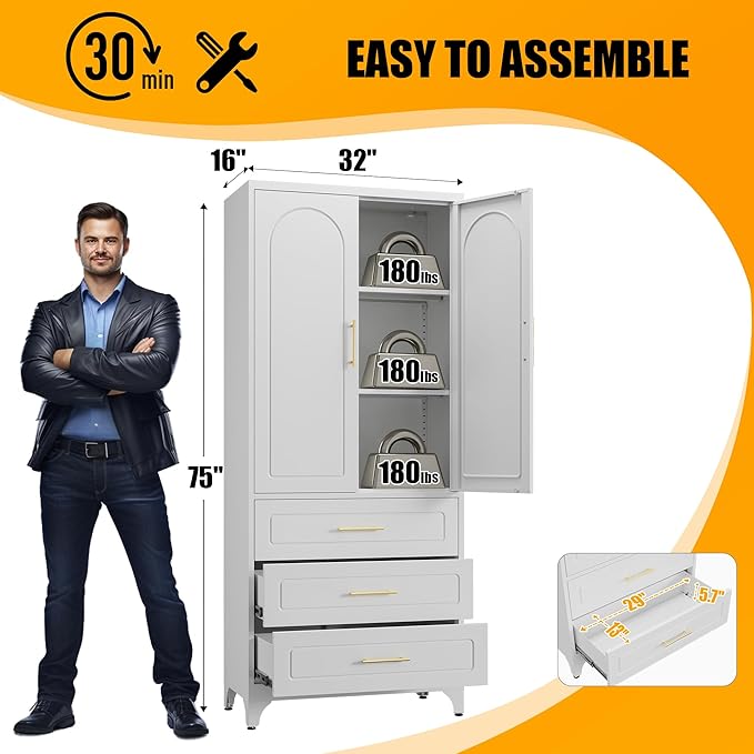 Metal Storage Cabinet with Doors and Shelves, 75" Tall Kitchen Pantry Storage Cabinets with 3 Drawer, White Food Pantry, Steel Office Cabinet, Large Cupboard, for Kitchen, Dining, Living Room