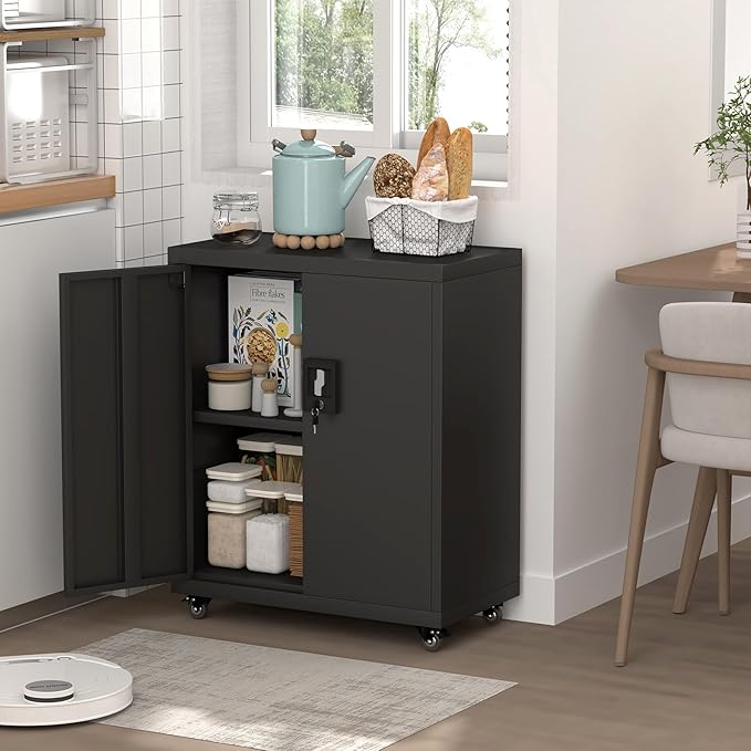Metal Storage Cabinet,Lockable Garage Storage Cabinets with Wheels,Rolling Tool Cabinet with Doors and Shelves,Basement,Office,Black