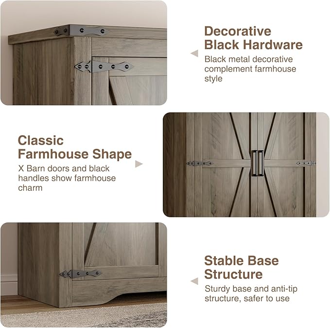 Set of 2 Farmhouse Rustic Grey Storage Cabinet with Adjustable Shelves, Large Pantry Organize with 2 Barn Doors, Tall Freestanding Cabinet for Kitchen, Bathroom, Garage, Living, Utility Room