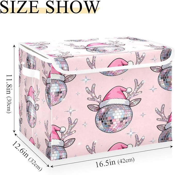 Christmas Disco Ball Reindeer Storage Bins with Lids Foldable Storage Basket with Handles Collapsible Large Fabric Organizer Containers for Clothes Shelves Closet Office Home
