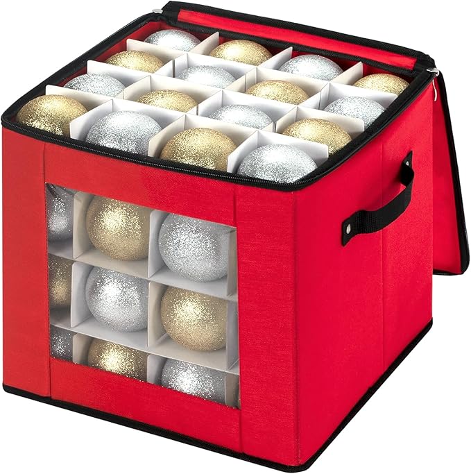 JY COOKMENT Christmas Ornament Storage Box with Adjustable Dividers, Premium Holiday Ornaments Storage Container Bin with Zippered Top for Xmas Decorations (64-3" Balls, Red, Without Tray)