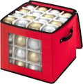 JY COOKMENT Christmas Ornament Storage Box with Adjustable Dividers, Premium Holiday Ornaments Storage Container Bin with Zippered Top for Xmas Decorations (64-3" Balls, Red, Without Tray)