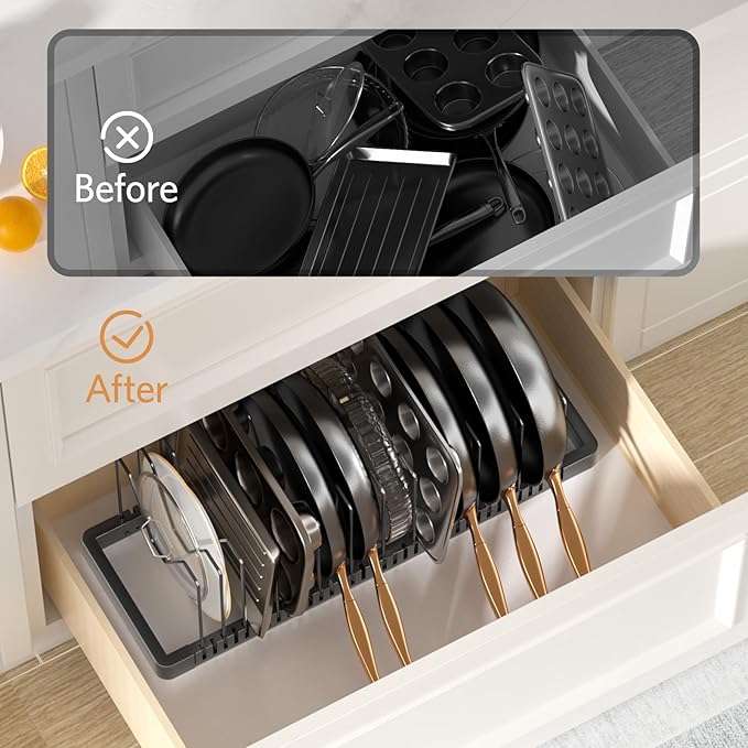 PanPanPal Pots and Pans Organizer under Cabinet, Expandable Pot Lid Organizer Holder with 12 Adjustable Compartment, Pan Organizers inside Cabinet for Lids, Bakeware, Kitchen Storage Pot Rack, Black