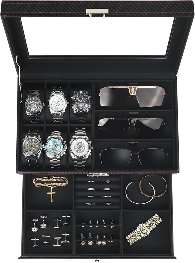 Kukikan Watch Jewelry Box Organizer, 6-Slot 2-Layer Watch Case and Sunglasses Storage with Large Glass Lid, Men's Jewelry Box with Lock, Watch Holder Display Case, Gift for Men Women