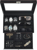 Kukikan Watch Jewelry Box Organizer, 6-Slot 2-Layer Watch Case and Sunglasses Storage with Large Glass Lid, Men's Jewelry Box with Lock, Watch Holder Display Case, Gift for Men Women