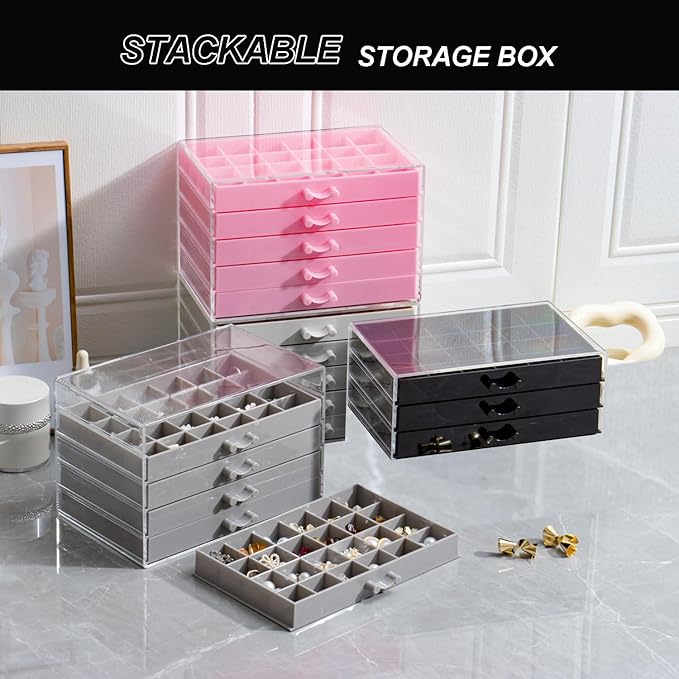 Earring Storage Box Organizer 3 Drawers Acrylic Jewelry Storage Box Holder Transparent Jewelry Display Stand with 72 Small Compartments Gift for Women Girls (Black)