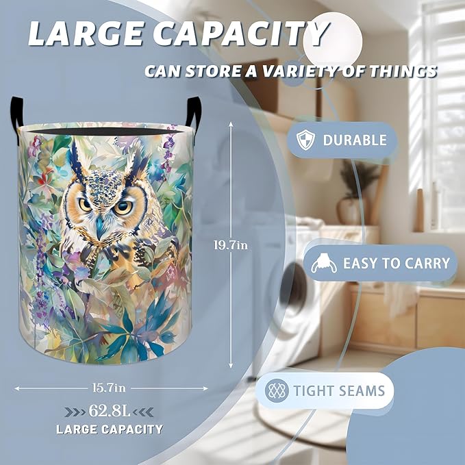 Watercolor Owl with Leaves Flowers Laundry Basket with Handles, 19.7"x15.7" Clothes Foldable Laundry Hamper Organizer for Dorm Nursery Bedroom Bathroom Decor, Toy Storage Bin for Kids