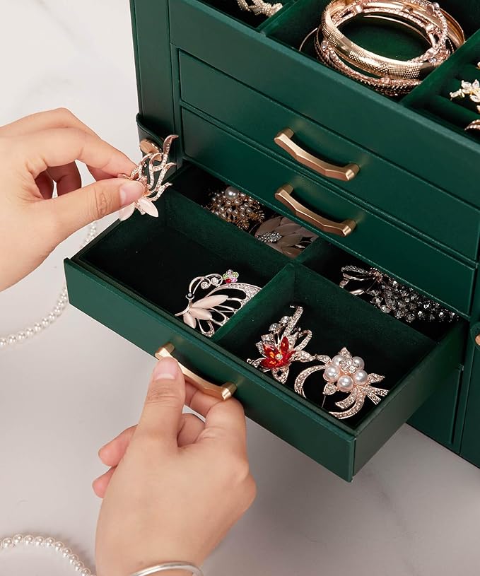 Jewelry Box with 4 Drawers: Display Organizer for Earrings Necklaces - Gifts for Girls Women (Forest Green)