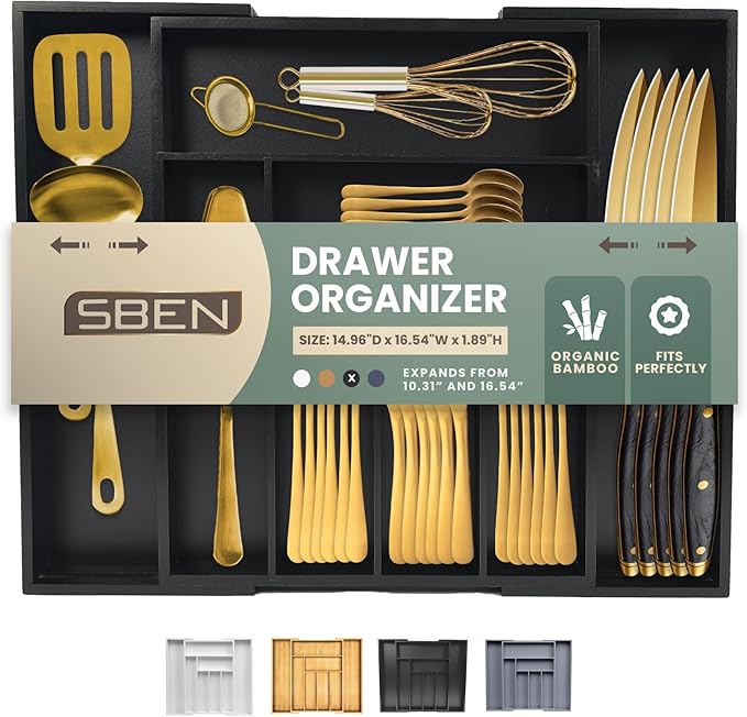 Sben Expandable Drawer Organizer for Utensils Holder, Adjustable Cutlery Tray, 6-8 Slots, Premium Wood Drawer Dividers Organizer for Silverware, Flatware, Knives for Kitchen (Black)