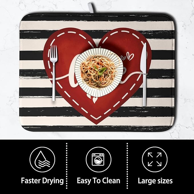 Kwlegh Valentine's Day Dish Drying Mat for Kitchen Counter 16x18 Black White Stripes Red Love Heart Dishes Drainer Mats Absorbent Dish Pad Large Dish Draining Mat for Coffee Bar