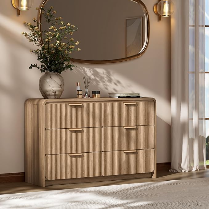 47" Wide Fluted 6 Drawer Dresser for Bedroom, Chest of Drawers with Curved Profile Design, Mid-Century Wood Closet Clothes Storage Organizer for Bedroom, Living Room, Hallway, Walnut