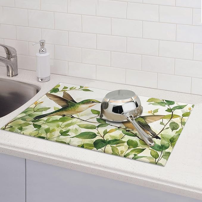 Green Hummingbird Dish Drying Mat for Kitchen Counter Microfiber Super Absorbent Non-Slip Dish Drying Pad for Countertops Dishes Utensils Stylish Quick-Dry Machine Washable 18x24 Inch