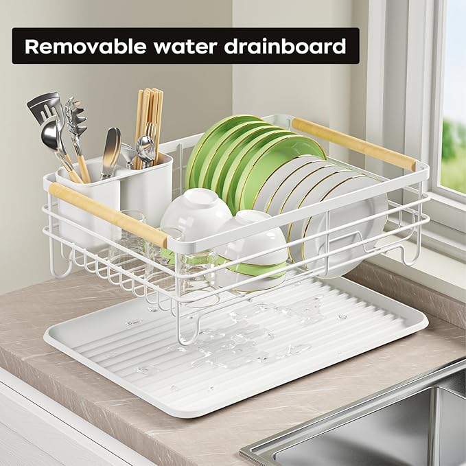 jouzevic Dish Racks for Kitchen Counter: Wooden Handles, Thickened Metal, No Assembly. Small Dish Drying Rack: Ideal for Small Households. Drying Rack Kitchen: White