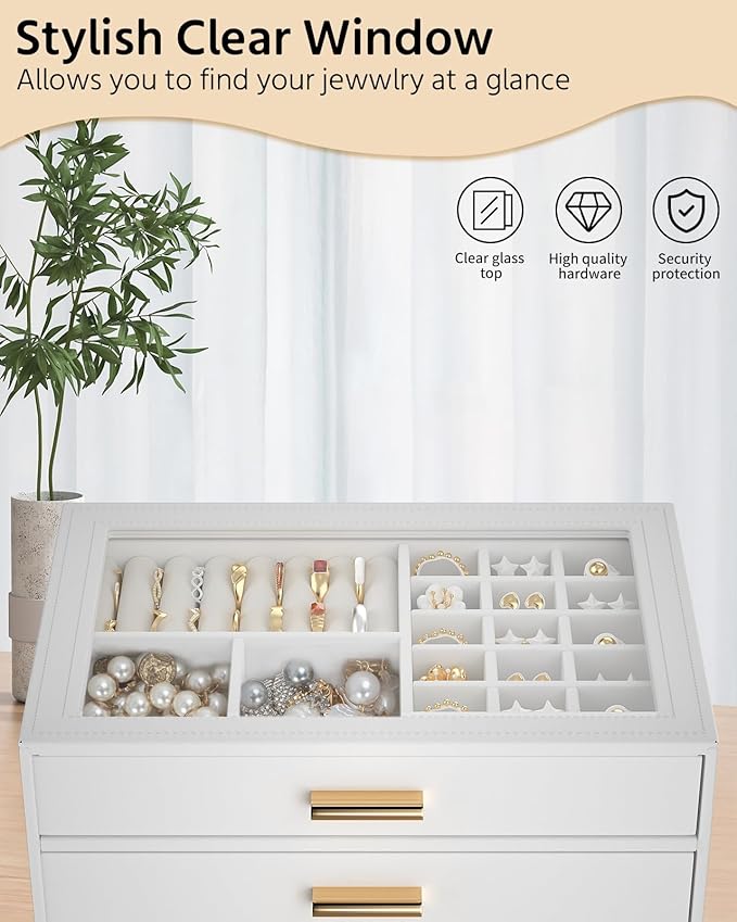 AKOZLIN Jewelry Box with Clear Lid Functional Leather Jewelry Storage Organizer Case 2 Drawers for Women Girls Necklace Ring Bracelet Earring
