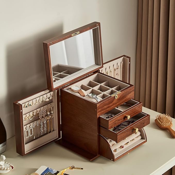 CHOSIN Black Walnut Wooden Jewelry Box, 4-Layer Lockable Organizer with Mirror, Rotatable Ring Holder,Side Doors & Brass Handle, Classical Design for Rings, Necklaces, Earrings, Valentine's Day Gifts