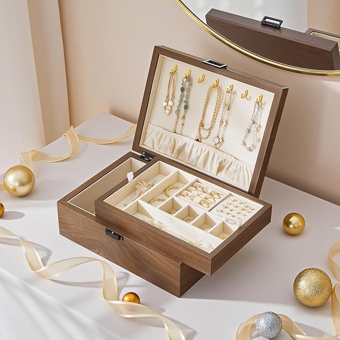 HOOBRO Wooden Jewelry Box for Women Girls, 2-Tier Jewelry Organizer with Removable Tray, Jewelry Storage Case with Clasp, for Necklace, Ring, Bracelet, Watch, Walnut BH29JB04