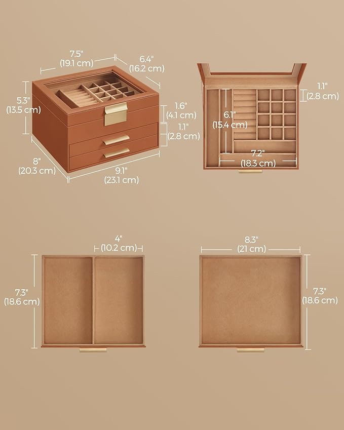 SONGMICS Jewelry Box Organizer with Glass Lid, 3-Layer Jewelry Storage, with 2 Drawers, Modern Style, 8 x 9.1 x 5.3 Inches, Caramel Brown and Gold Color UJBC239K01