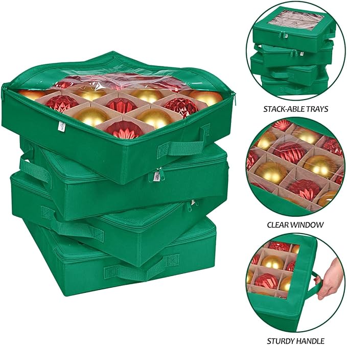 ProPik 4 Pcs Christmas Ornament Storage Boxes with Dividers | 4 Individual Trays Hold 64 Holiday Decoration Balls | Durable Ornaments Organizer Storage Box | Zippered Closure with Handles (Green)