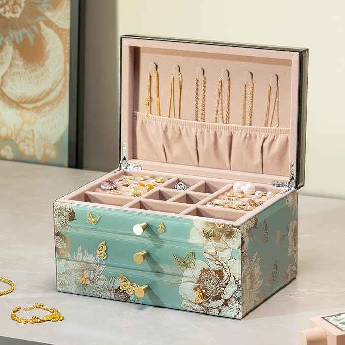 High End Glass Jewelry Box - 3 Layer Jewelry Organizer - Velvet-Lined Case For Ring, Necklace, Earring, Bracelet Storage - Green Floral and Bird - Valentine's Day Gifts For Women